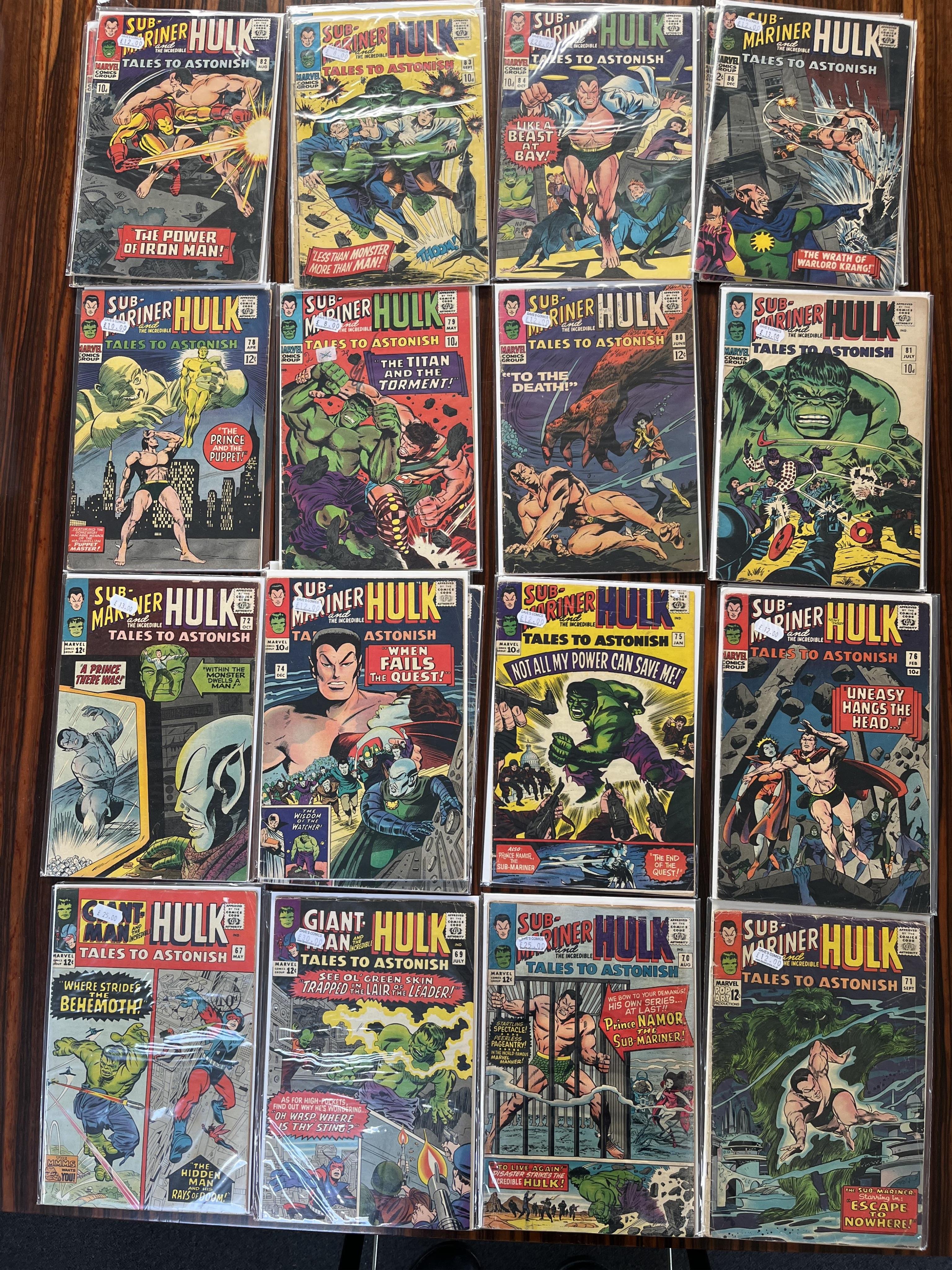 Tales to Astonish, Giant-man/Sub-Mariner and the Incredible Hulk, Marvel comics, 40 issues between #67-99, Comprising, #67, #69, #70, #71, #72, #74 x 3, #75, #76 x 2, #78, #79, #80, #81 x2, #82 x 2, #83 x 2, #84, #86 x 2